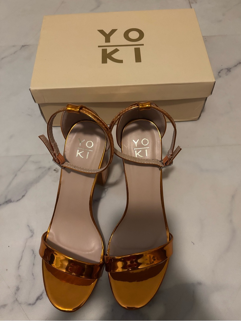 Yoki Women's Metallic Copper Ankle-Strap Heels